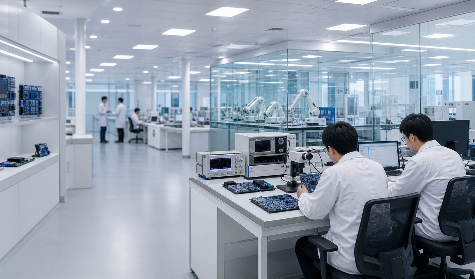 Modern electronics R&D center with engineers and development board testing benches